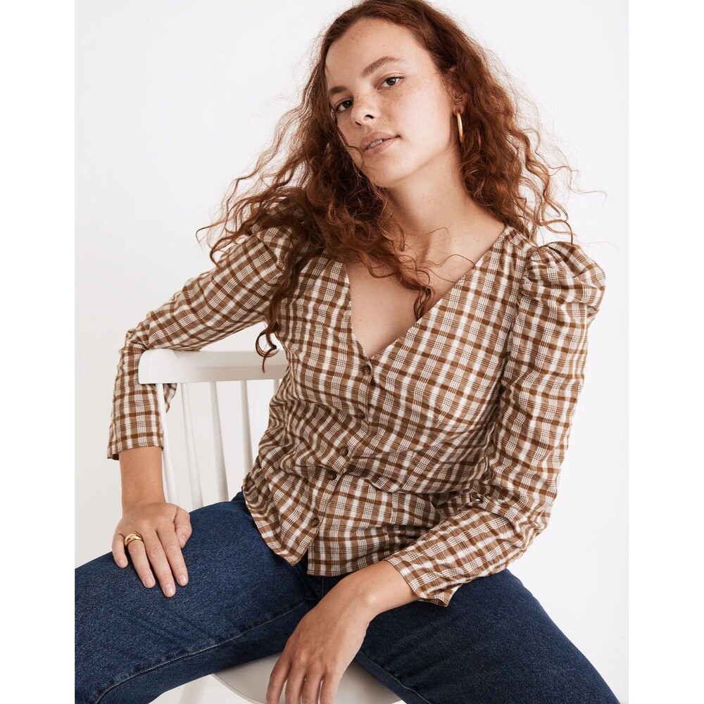 Madewell Westover Top Sandown Plaid Women’s Sz 6 Puff Sleeve Autumn Fall Earthy